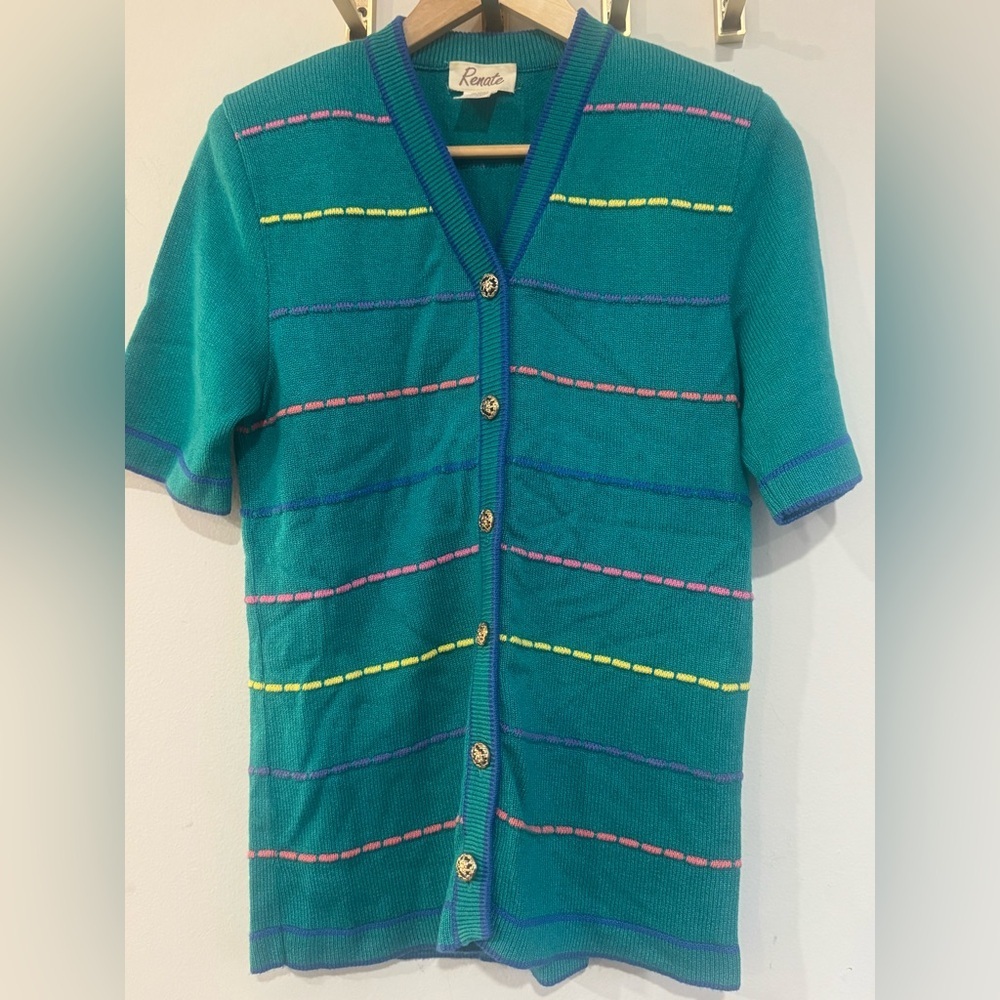 Vintage Renate Teal Short Sleeve Cardigan – Size 8 – Gold Button - Picture 4 of 9